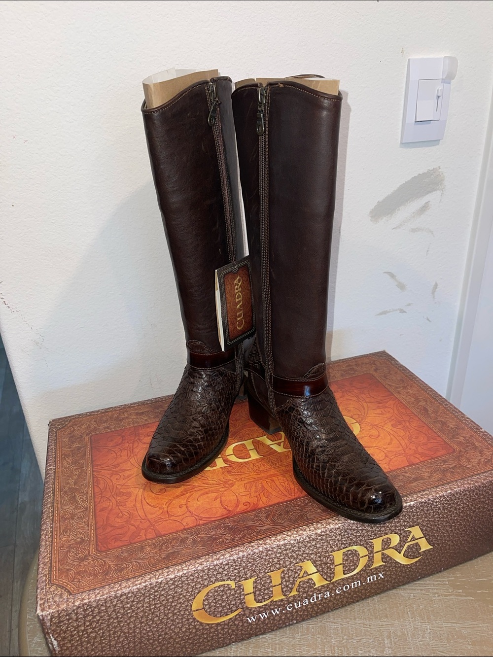 Women Brown Leather by by Tall Boots by by- Exotic Toe